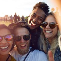 friends making selfie at big festival - concert stock pictures, royalty-free photos & images