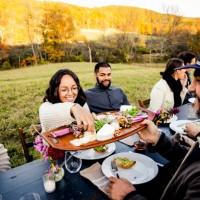 friends sharing food during outdoor dinner party - food stock pictures, royalty-free photos & images
