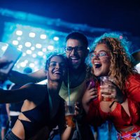 friends taking selfie at music festival. - concert stock pictures, royalty-free photos & images