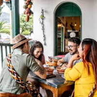 friends talking while eat at a coffee shop - food stock pictures, royalty-free photos & images