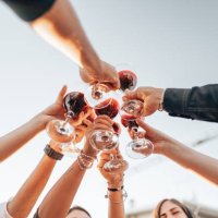 friends toasting at home party - food stockfoto's en -beelden