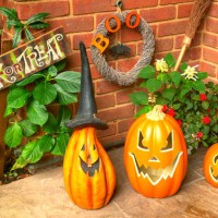front door pumpkins at halloween - garden decoration stock pictures, royalty-free photos & images