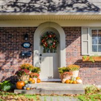 front porch with halloween decorations - garden decoration stock pictures, royalty-free photos & images
