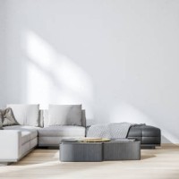 front view of a cozy, elegant, and modern living room with gray sofa, windows, with decoration, wide-angle view - home decoration stock pictures, royalty-free photos & images