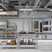 front view of modern industrial kitchen interior with kitchen utensils, equipment and bakery products - food stock pictures, royalty-free photos & images