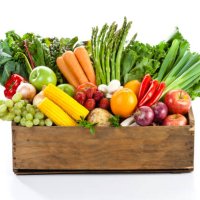 fruits and veggies in wood box with white backdrop - food stock pictures, royalty-free photos & images