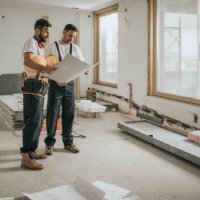 full length of construction workers analyzing blueprints in the apartment. - home decoration stock pictures, royalty-free photos & images