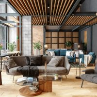 furniture showroom with plants, spotlights and brick wall - home decoration stock pictures, royalty-free photos & images
