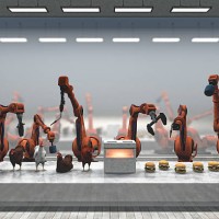 futuristic chicken burger food processing plant with robots - food stock pictures, royalty-free photos & images