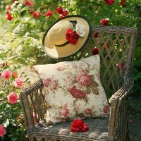 garden wicker chair with cushion and straw hat surrounded by roses - garden decoration stockfoto's en -beelden