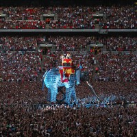 Gary Barlow, Jason Orange, Howard Donald and Mark Owen of 'Take That' perform onstage for their 'Circus' tour held at Wembley Stadium on July 1, 2009...