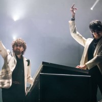 Gaspard Auge, Xavier de Rosnay of Justice, French duo of electronic music, perform during a concert at Auditorio Citibanamex on April 23, 2024 in...