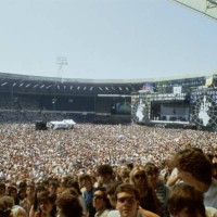 General view of the crowd and stage during the Live Aid concert at Wembley Stadium in London, July 13th 1985. .