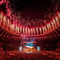 General view of the fireworks during Wizkid's performs at Tottenham Hotspur Stadium on July 29, 2023 in London, England.