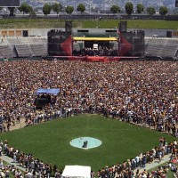 General view of the Oakland Coliseum Stadium showing crowds in teh venue watching a concert by the Rolling Stones and Santana on July 26, 1978.
