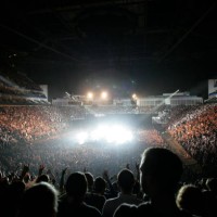 General view of the stage from the back of a large arena audeince during concert at the O2 Arena on September 15th, 2008 in London.