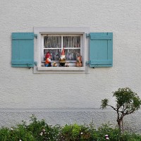 germany, baden wuerttemberg, window with shutter and garden gnomes - garden decoration stock pictures, royalty-free photos & images