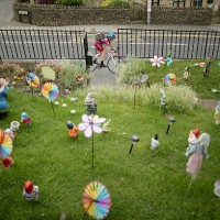 Giant gnomes and garden ornaments decorate the garden of a house on route two as Yorkshire prepares to host the Tour de France Grand Depart, on June...