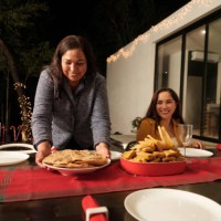 glückliche lateinische großmutter legt weihnachtsessen auf den tisch - garden decoration stock-fotos und bilder