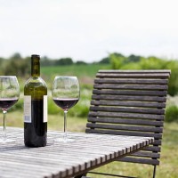 glasses and a bottle of red wine on an outdoor setting - garden decoration photos et images de collection