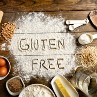 gluten free bread ingredients and utensils on wood frame background - food stock pictures, royalty-free photos & images