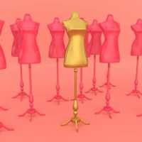 golden mannequin stand out in a group of pink mannequins - fashion stock pictures, royalty-free photos & images