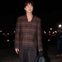 Gong Yoo wears a brown checkered double breasted blazer jacket, before the Louis Vuitton Menswear Fall-Winter 2025/2026 show as part of Paris Fashion...