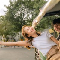 good-humored couples enjoy memorable moments together in a tuk-tuk. - travel stockfoto's en -beelden