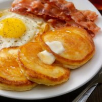 grand slam breakfast - pancakes, bacon and eggs - food stock pictures, royalty-free photos & images