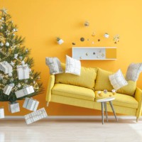 gravity concepts. yellow living room with christmas tree - home decoration stock pictures, royalty-free photos & images