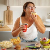 greedy woman enjoying eating a doughnut and drinking cola. unhealthy eating concept - junk food stock pictures, royalty-free photos & images