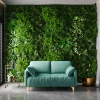 green living room with turquoise color sofa, vertical garden and tiled floor - garden decoration stock pictures, royalty-free photos & images