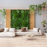 green living room with vertical garden, house plants, beige color sofa and parquet floor - garden decoration stock pictures, royalty-free photos & images