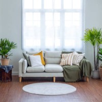 grey sofa and cushions beside decorate with plant. - home decoration stock pictures, royalty-free photos & images