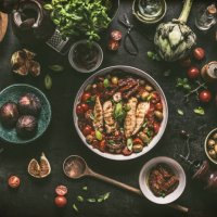 grilled chicken breast with mediterranean ingredients sauce - food stock pictures, royalty-free photos & images