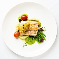 grilled fish with lentil puree and vegetables seen from above - food stock pictures, royalty-free photos & images