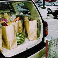 groceries in back of car, parked in parking lot (cross processed) - food stock pictures, royalty-free photos & images
