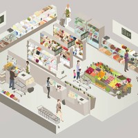 grocery store cutaway illustration - food stock illustrations