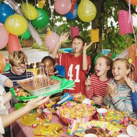 group children (9-12) at birthday party outdoors - garden decoration stock pictures, royalty-free photos & images