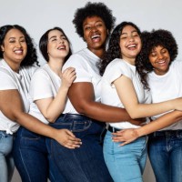 group of cheerful women with different body size - fashion stock pictures, royalty-free photos & images