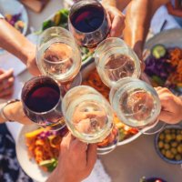 group of friends having a meal outdoors. they are celebrating with a toast using wine - food stock pictures, royalty-free photos & images