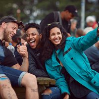 group of friends making selfie at festival - concert stock pictures, royalty-free photos & images