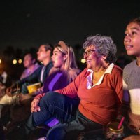 group of people enjoying a movie at the outdoors cinema - concert stock pictures, royalty-free photos & images