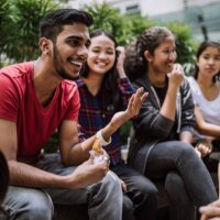 group of students joking and getting to know each other - junk food stock pictures, royalty-free photos & images
