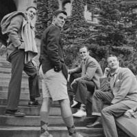 Group of young men in front of Blair Arch at Princeton University, New Jersey, . One young man is wearing jeans.