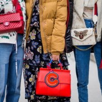Gucci bag, Chanel bag, Tory Burch bag outside Tory Burch on February 14, 2017 in New York City.
