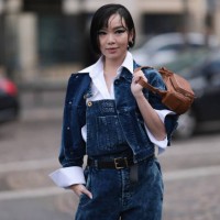Guest seen wearing Miu Miu blue cord dungarees, Miu Miu matching blue cord jacket, a white shirt, Miu Miu black leather belt with golden details and...