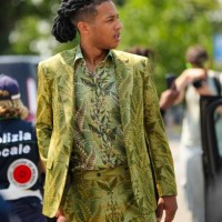 Guest wears a pale green with beige and dark green flower print pattern shirt from Etro, a matching green with brown and beige flower print pattern...