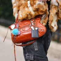 Guest wears a shiny dark brown leather bag, bag charms, outside Lacoste, during the Paris Fashion week Women's Fall/Winter 2025-2026 on March 9, 2025...