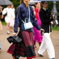 Guest wears a yellow turtleneck pullover, a navy blue with yellow embroidered pattern zipper sport sweater, a pale blue matte leather crossbody bag...